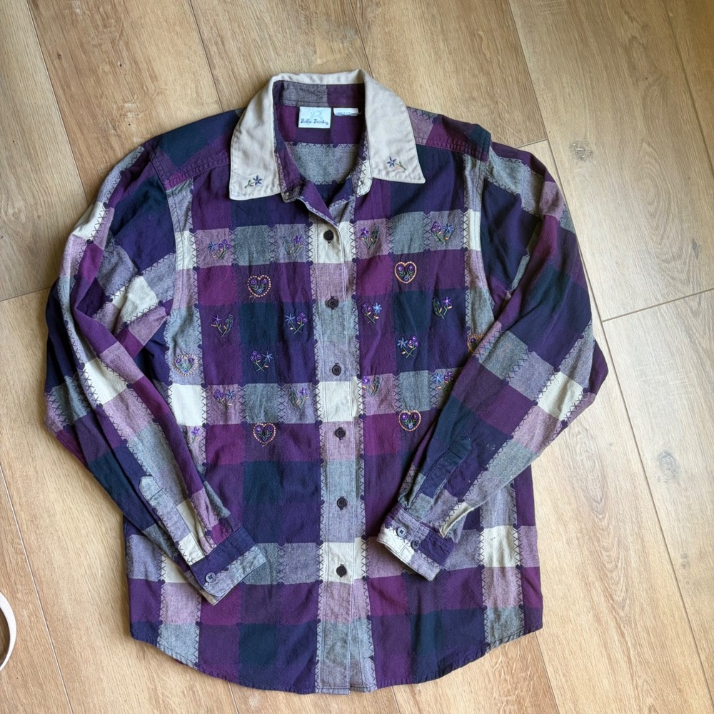 Vintage L Bobbie Brooks Long Sleeve Button Up Plaid Shirt Heart Embroidered